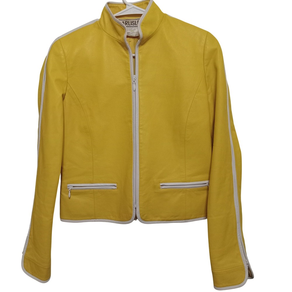 Carlisle Yellow Soft Leather Jacket Women Size 2 White Trim Moto Stand CollarZip